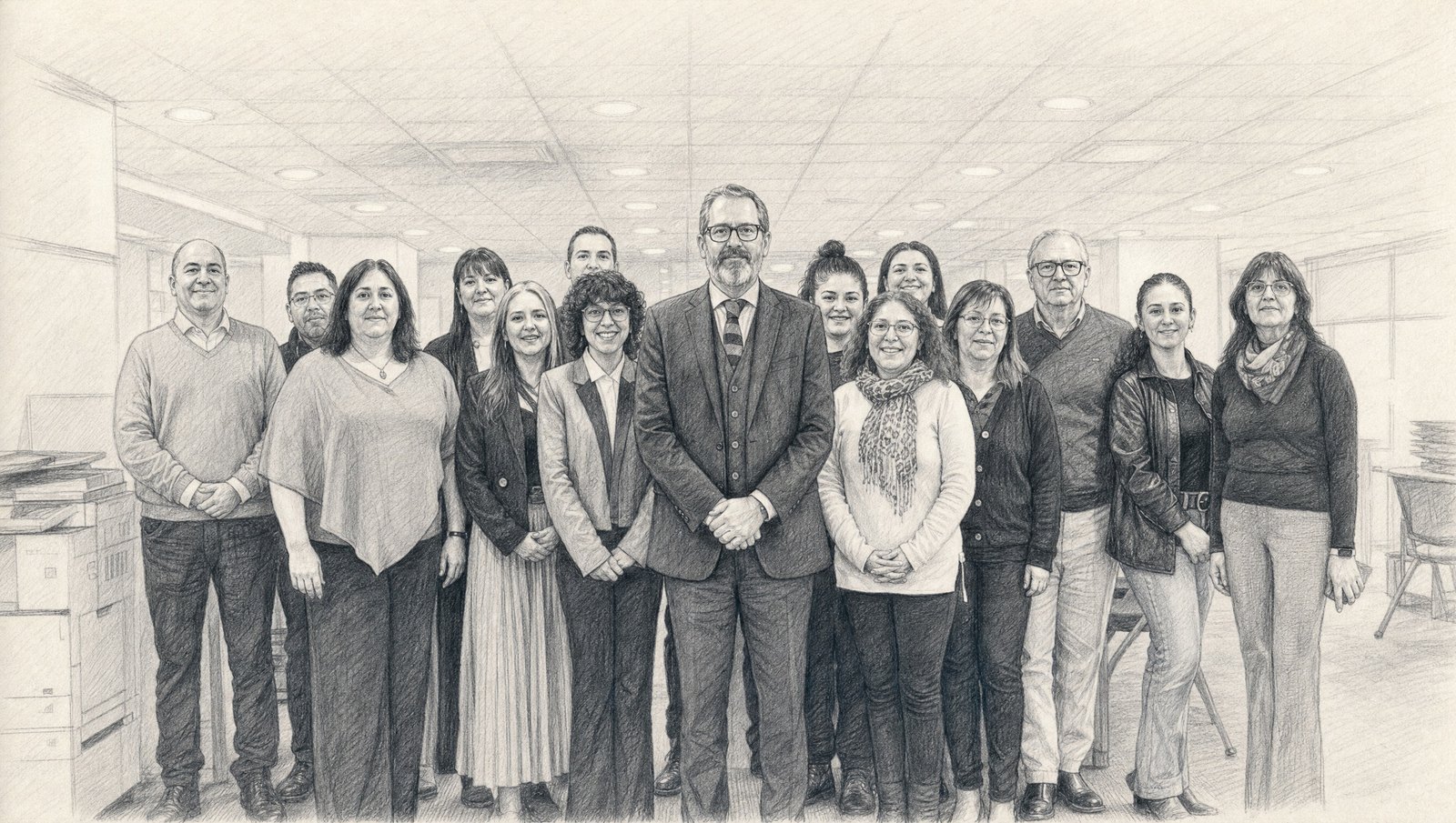 El equipo de la 41ª Notaría de Santiago junto al notario José Tomás Fabres Bordeu — dibujo a grafito