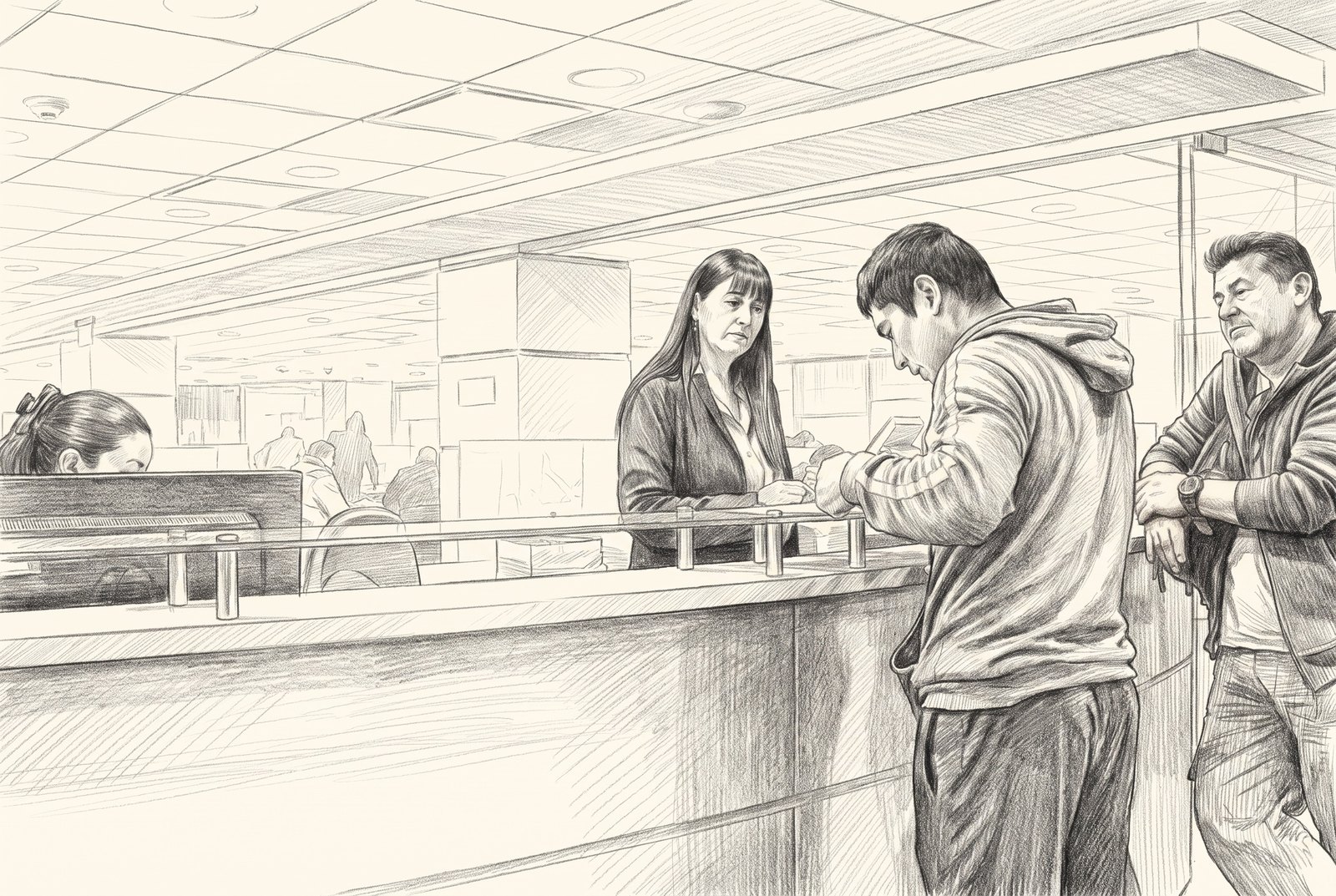 El mesón de recepción de la 41ª Notaría de Santiago atendiendo público — dibujo a grafito